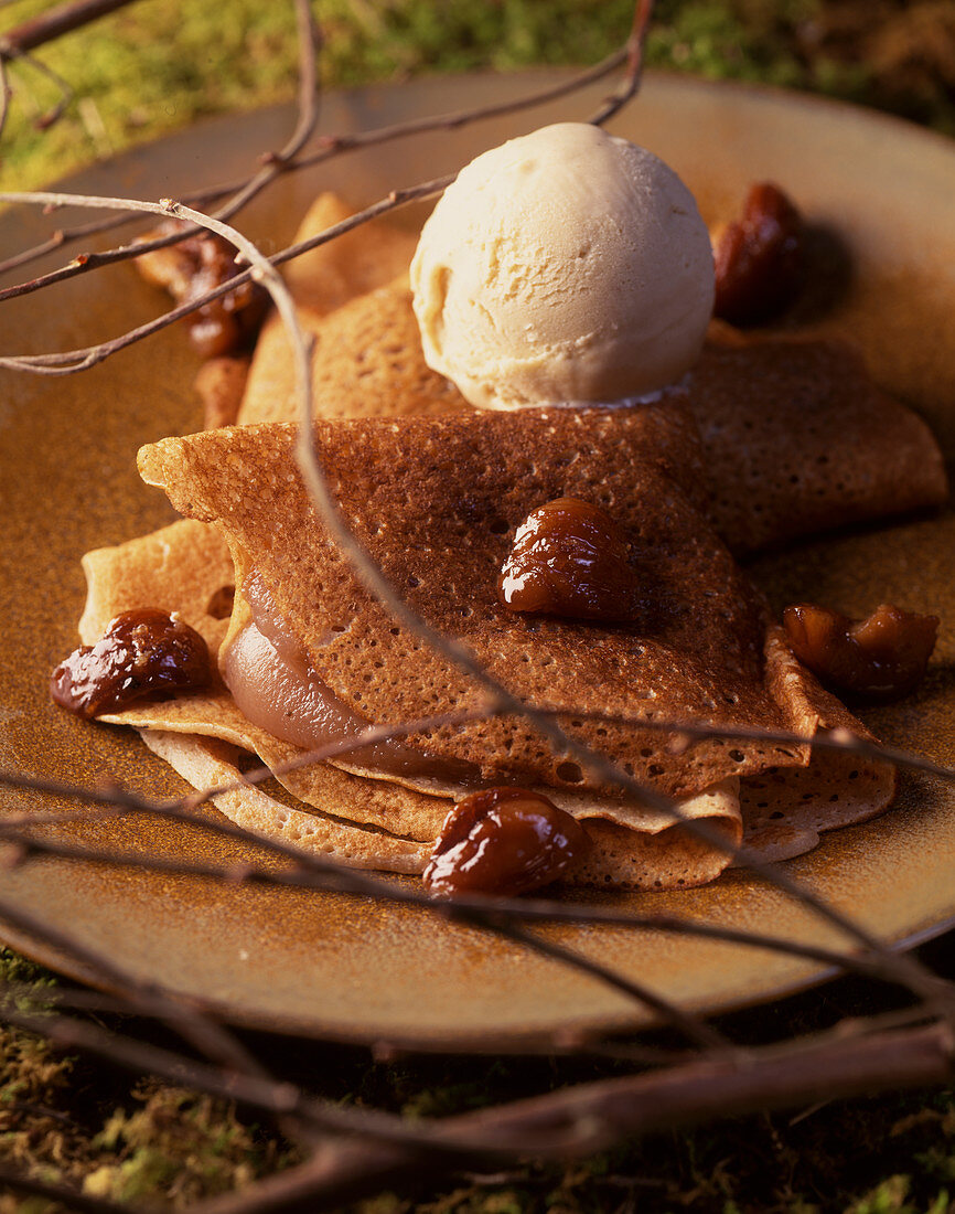 Crepes with chestnut cream and ice cream