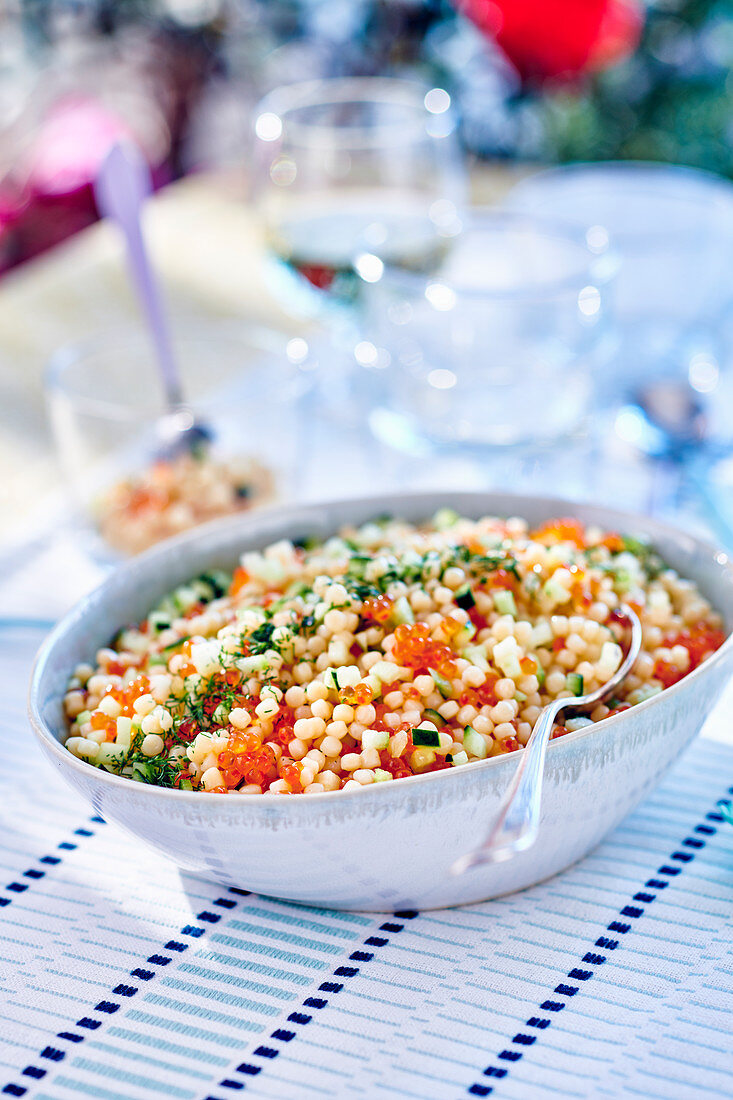Pearl couscous salad with trout caviar