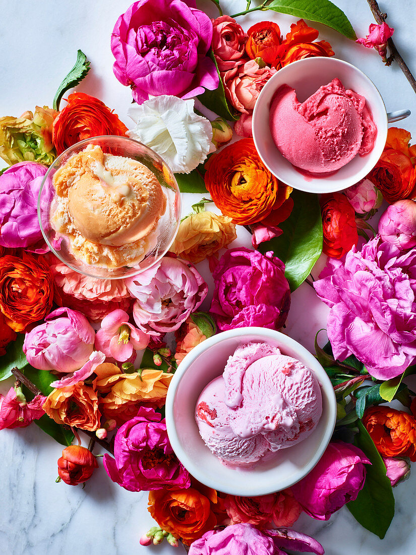 Verschiedene Eissorten, umgeben von Blumen