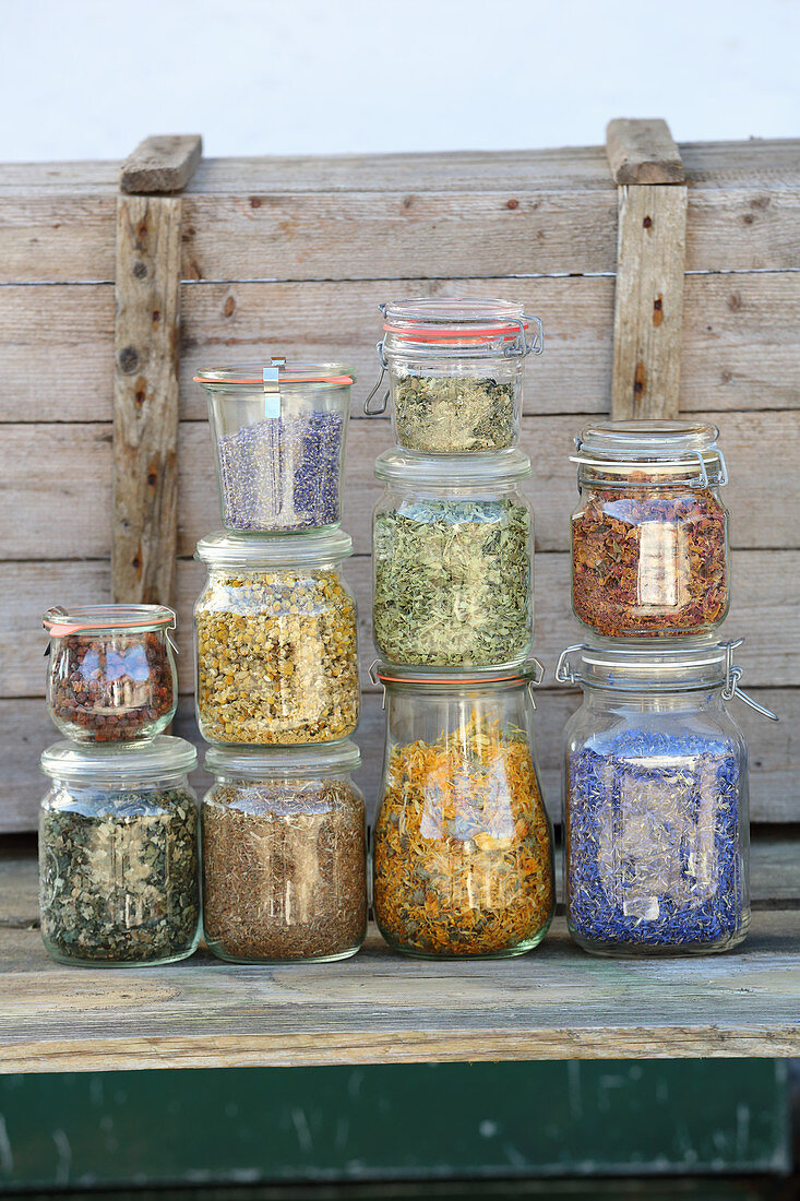 Storage jars with dried tea herbs