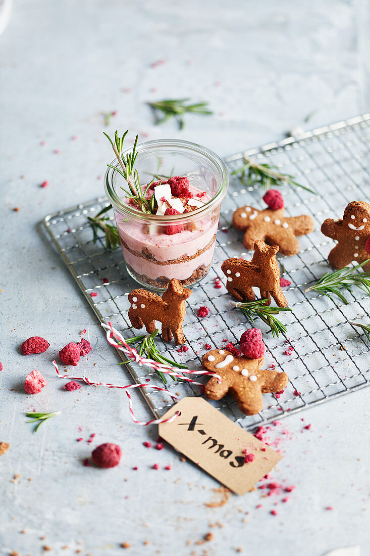Gingerbread men and gingerbread deer, and a raspberry and coconut dessert with rosemary