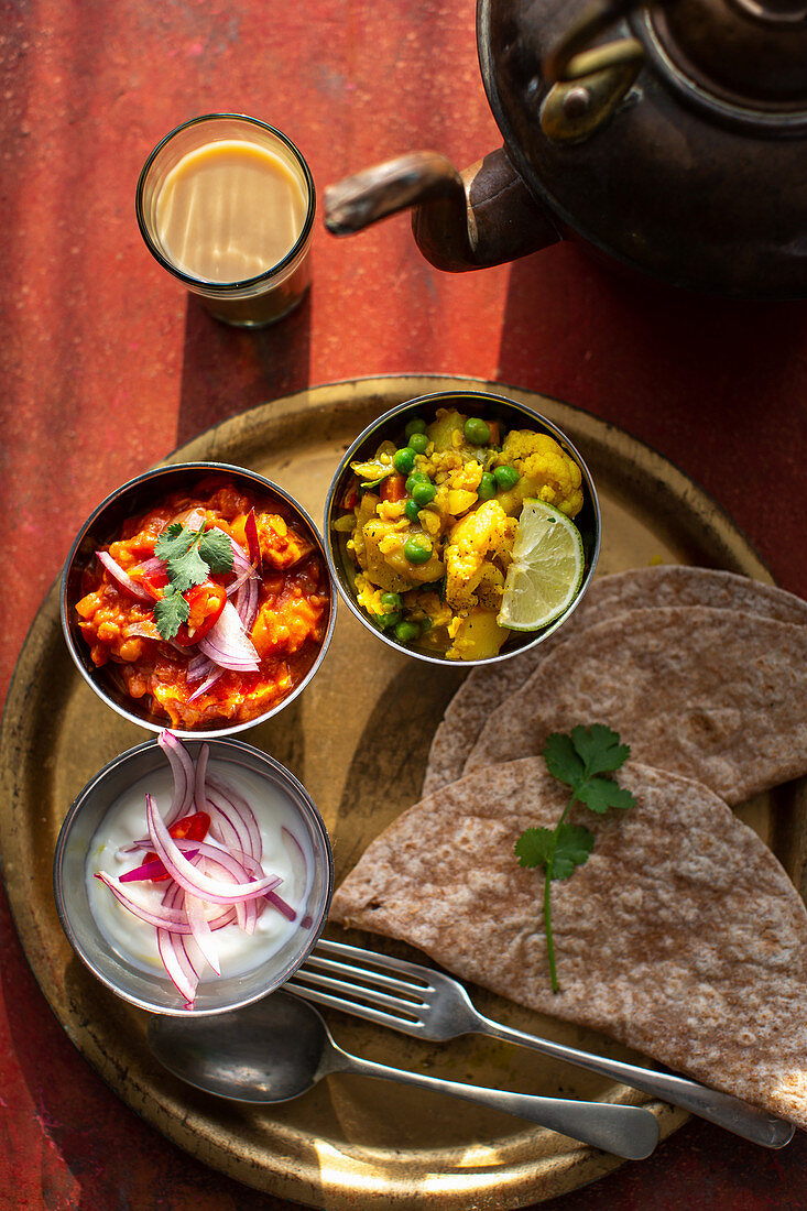 Indian thali with yogurt and chapati