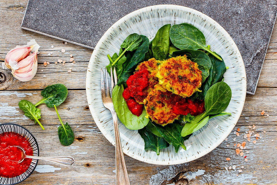 Vegetable pancakes with tomato sauce and spinach