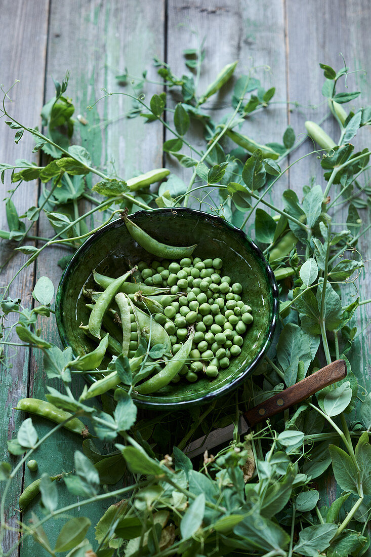 Pea pods and freshly shelled peas