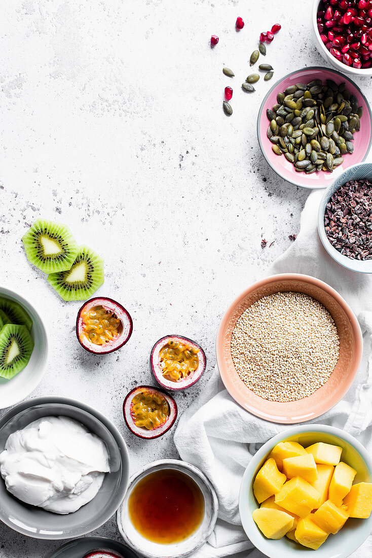 Ingredients for a Tropical Quinoa, Yoghurt And Fruit Breakfast Bowl