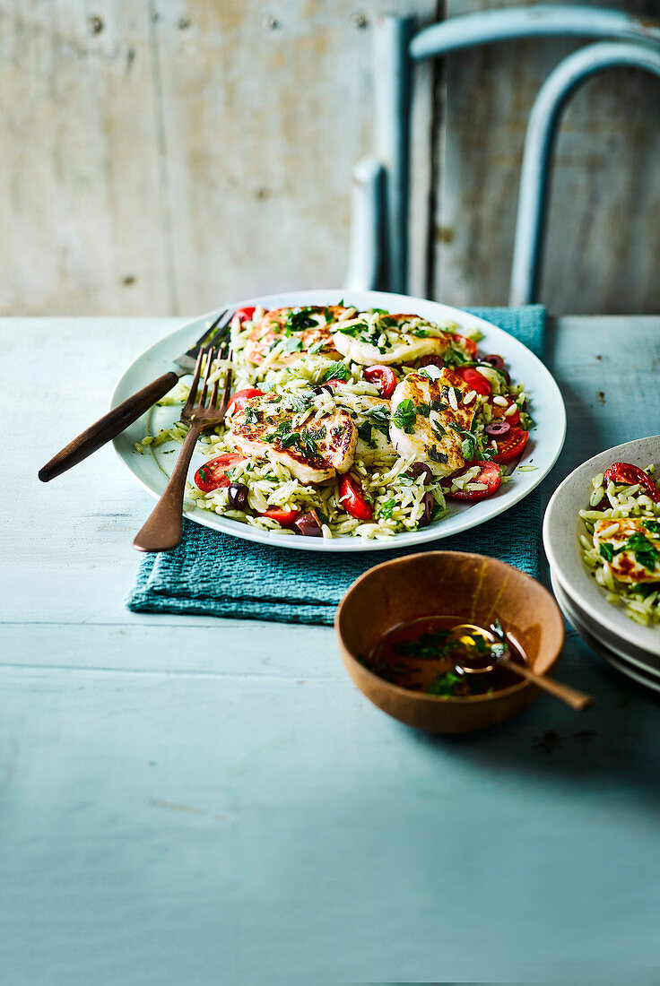 Oregano halloumi with orzo salad