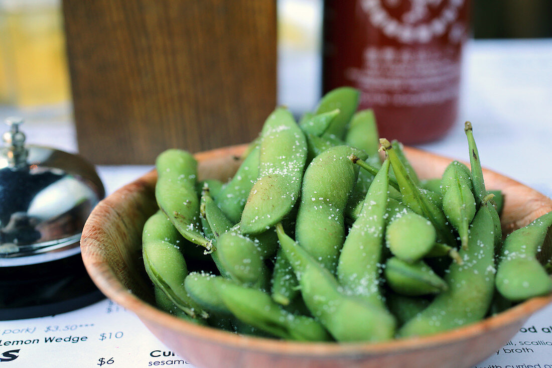 Bowl of salted edamame