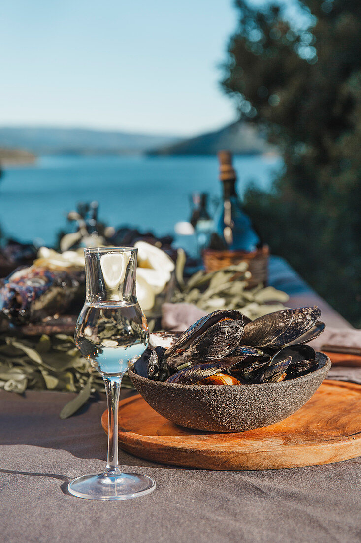 Table with seafood - fish and mussels, white wine with sea on background