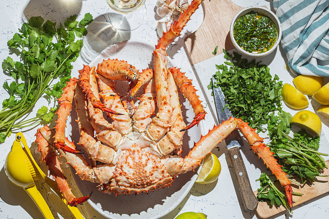 King Crab with herb lemon sauce and white wine.