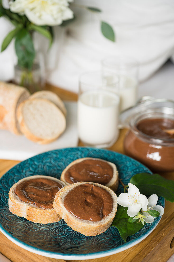 Homemade chocolate and nut spread for breakfast