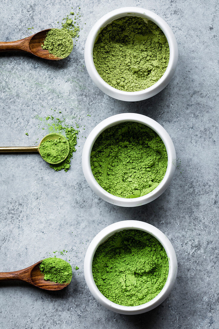 Matcha tea powder in a ceramic bowl