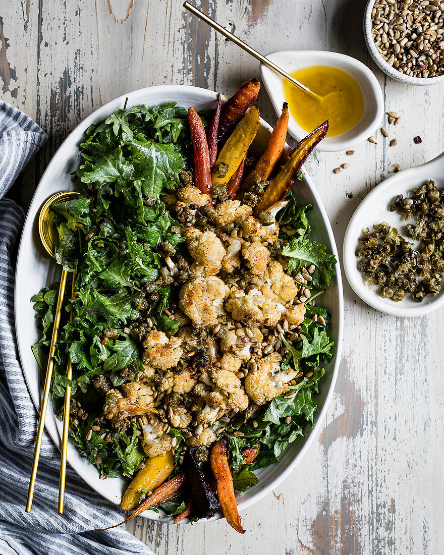 Roasted cauliflower and kale salad with lemon brown butter dressing