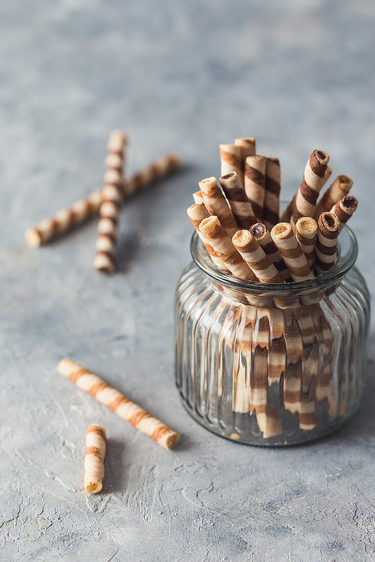 Wafer roll cookies in a jar