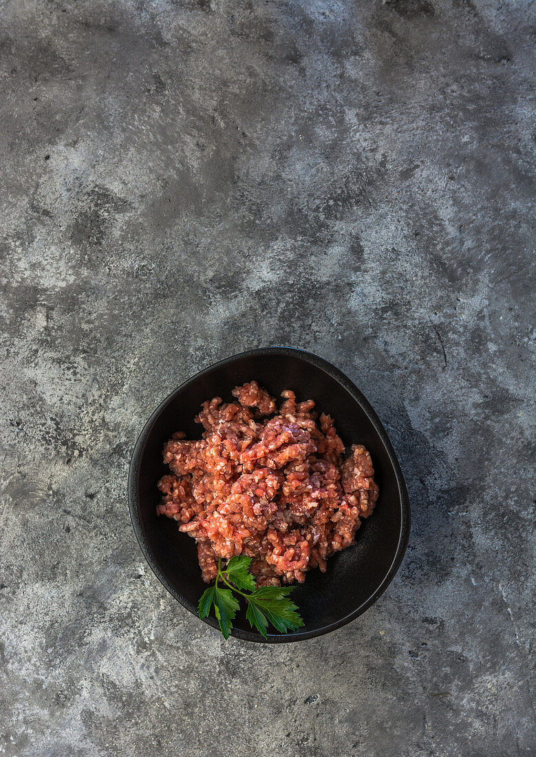 Herbs on bowl with minced meat placed on gray table