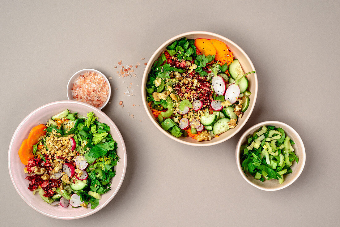 Vegan veggie bowl with nuts and Himalayan salt