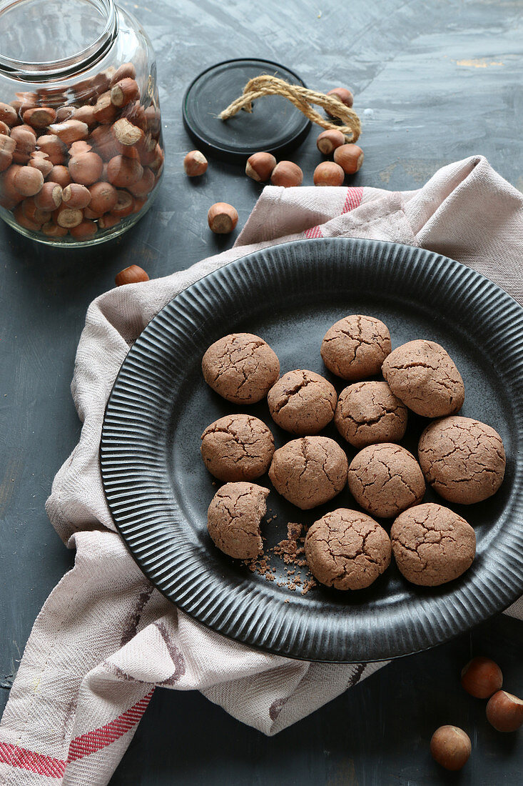 Freshly baked gluten-free hazelnut biscuits made with cocoa