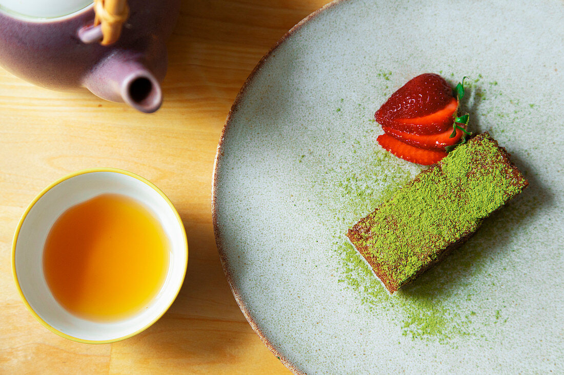 Soft Matcha Chocolate cake and combu tea