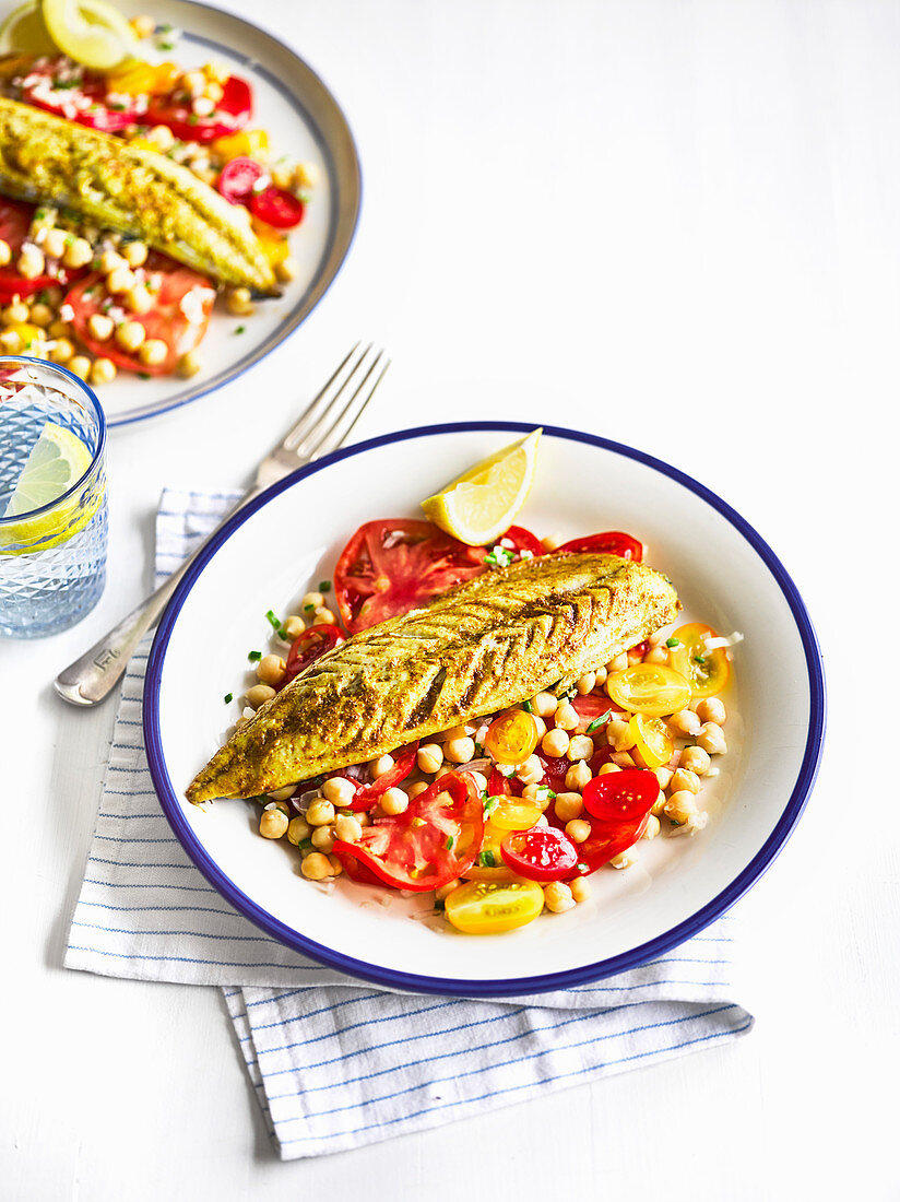 Indian-spiced mackerel with heirloom tomato salad