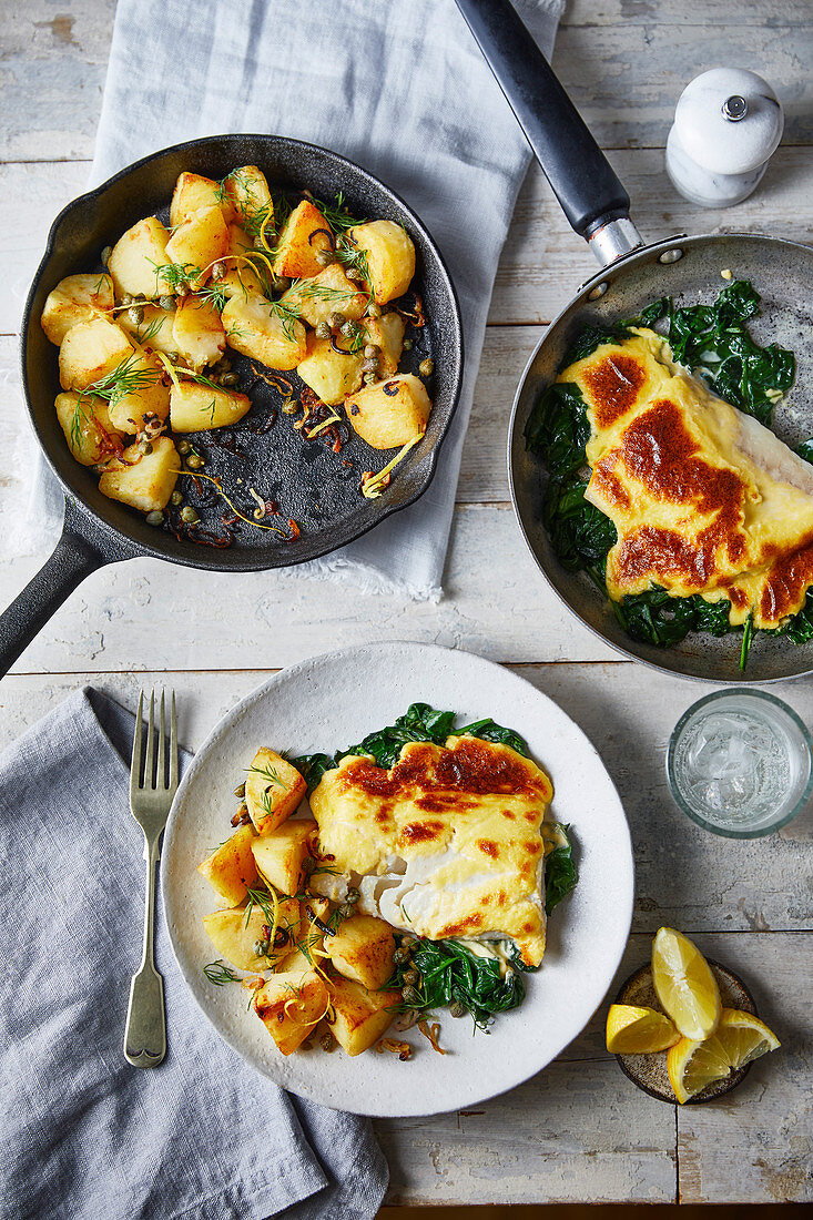 Smoked haddock and hollandaise bake with dill and caper fried potatoes