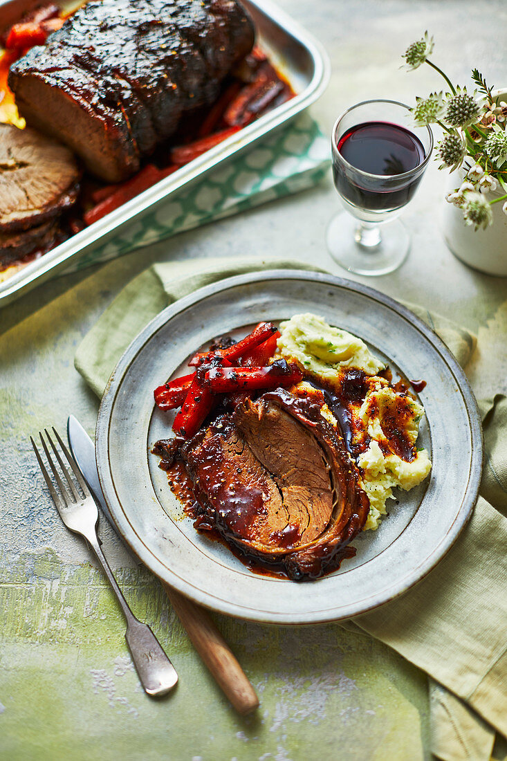 Bourbon and honey-glazed brisket with soured cream and chive mash