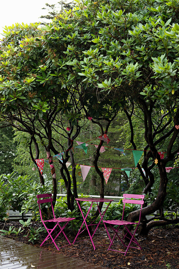 Hot-pink garden furniture below bunting hung in tree in garden