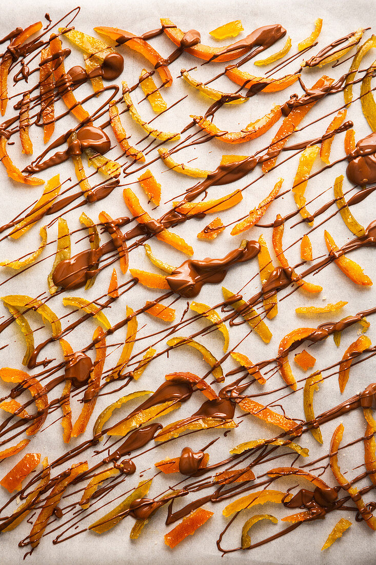 Candied citrus fruits (limes, lemons, oranges) with chocolate icing