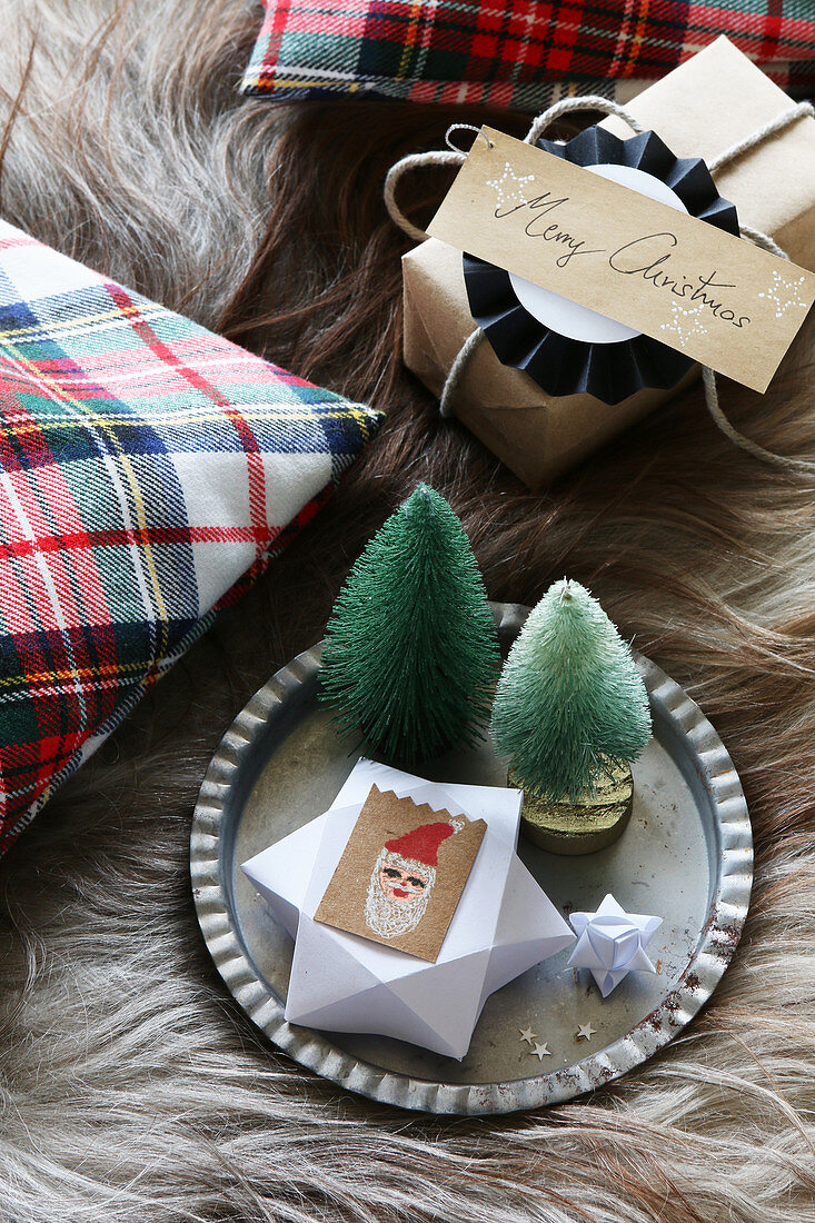 Papierstern und Minibäumchen auf einem Teller, verpacktes Geschenk