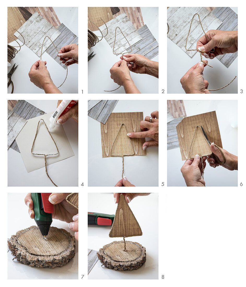 Making a miniature Christmas tree from wire and wood-patterned paper