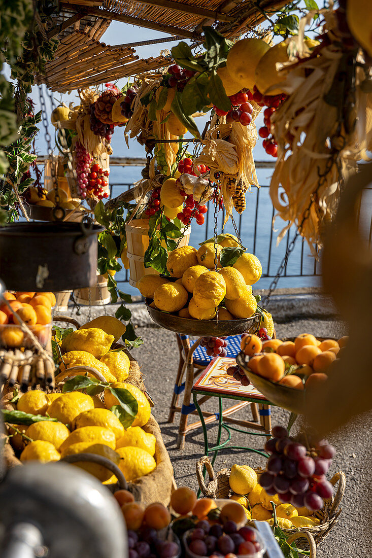 Lemons and fruits being sold from a street cart, Amalfi Coast, Italy