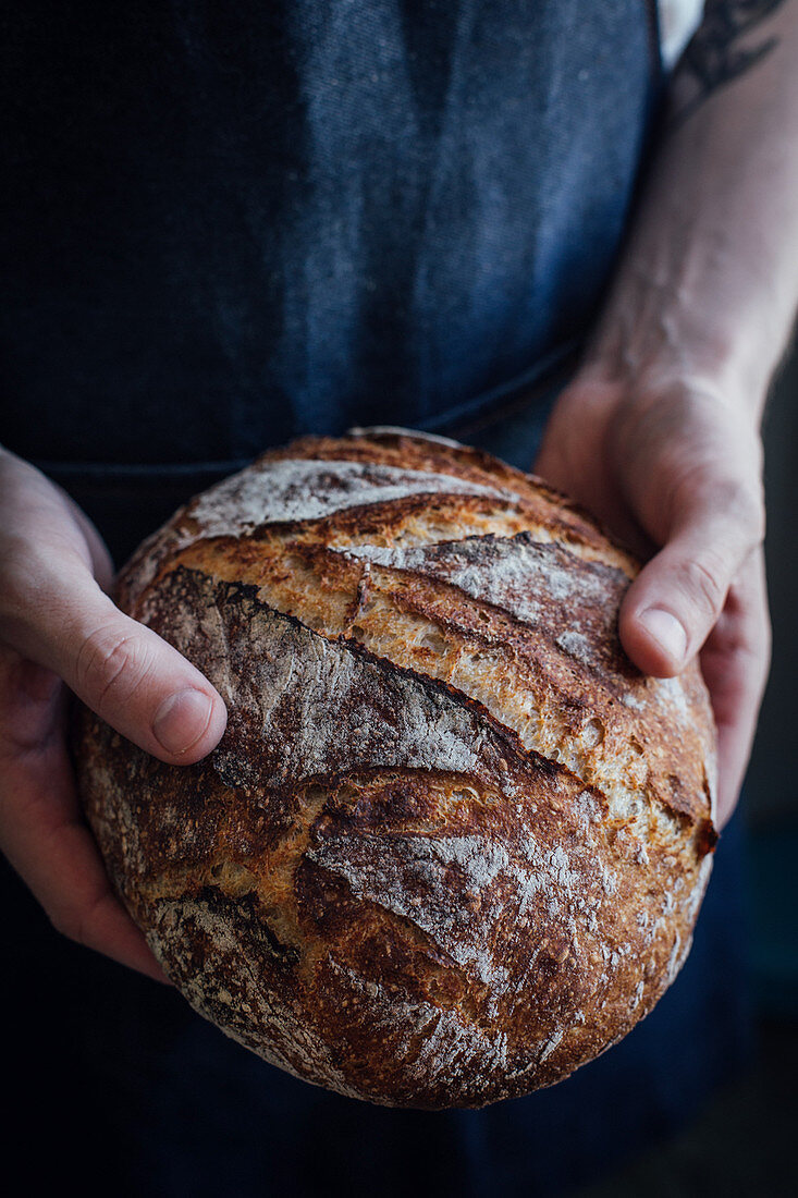 Hands holding a loaf of freshly baked bread