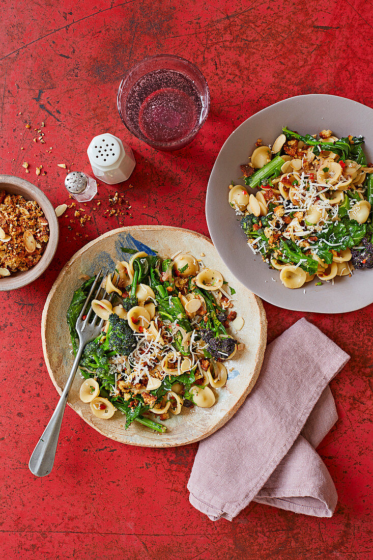 Purple sprouting broccoli orecchiette with an almond crumb