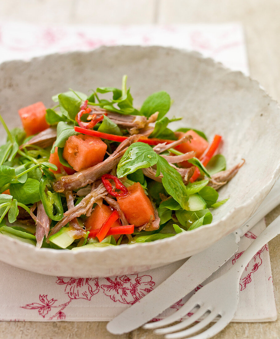 Brunnenkressesalat mit Ente, Melone und Chilis