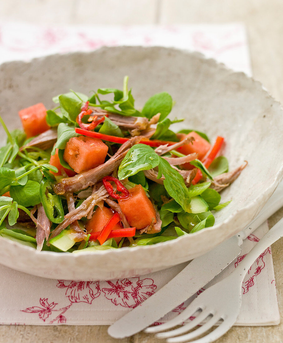 Salad of duck, melon, chilli and watercress