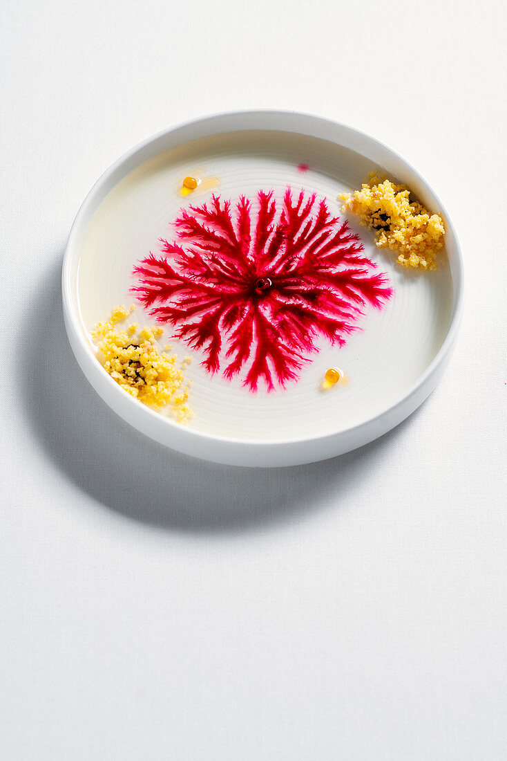 Himbeer-Lychee-Blüte mit Maiscrumble, Gewürz-Honig, schwarze Knoblauchsauce und Chilikaviar