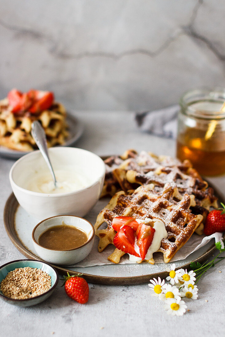 Honey sesame waffles with strawberries
