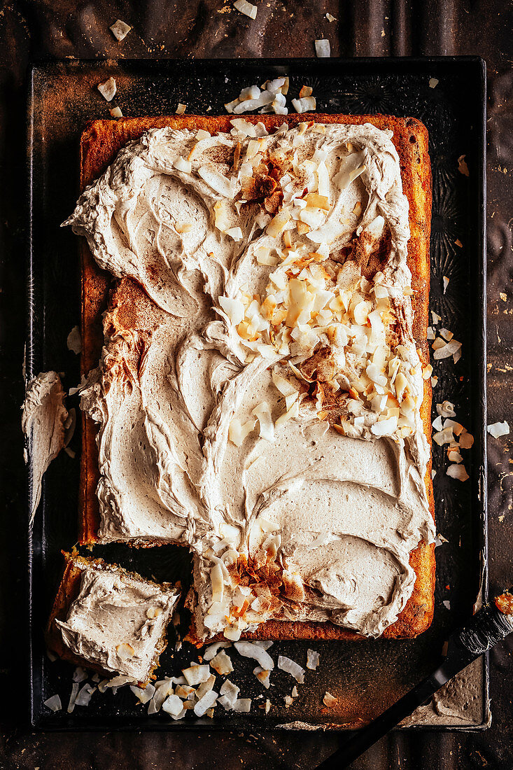 Carrot snack cake with coconut chai icing