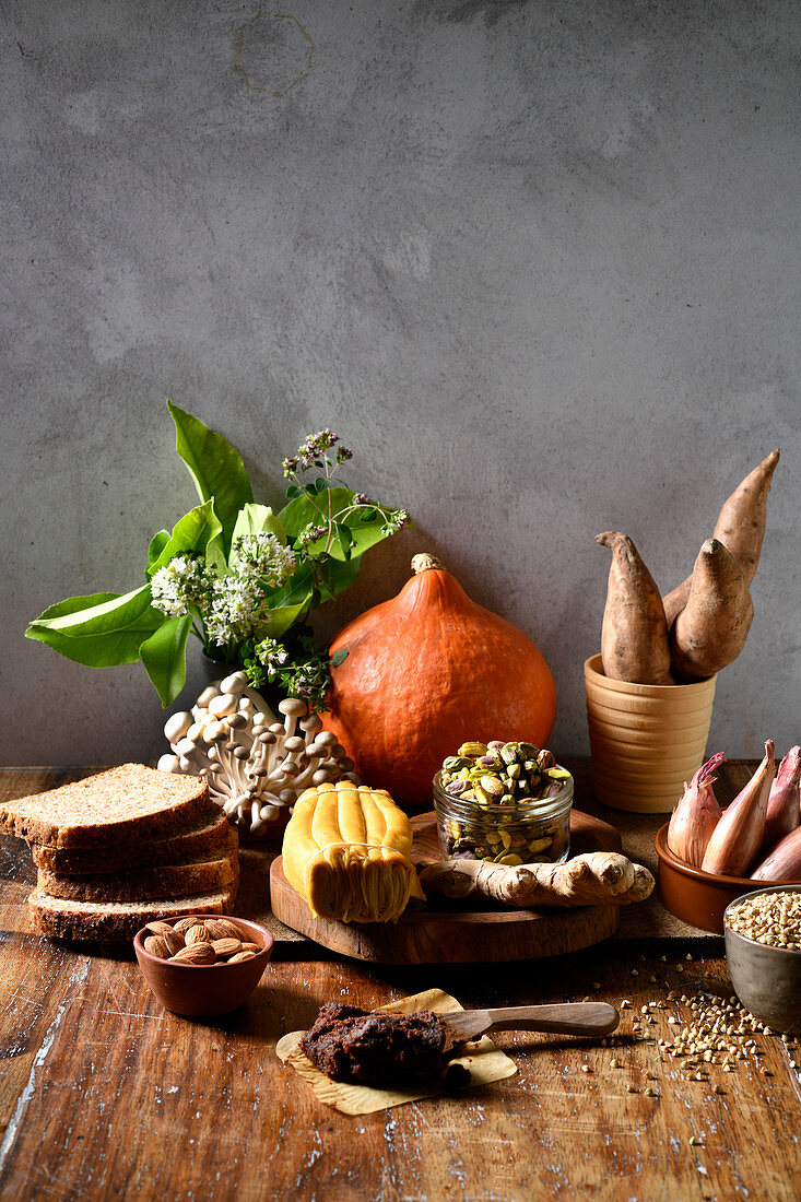 Ingredients for roasted root vegetable laksa with buckwheat and toast