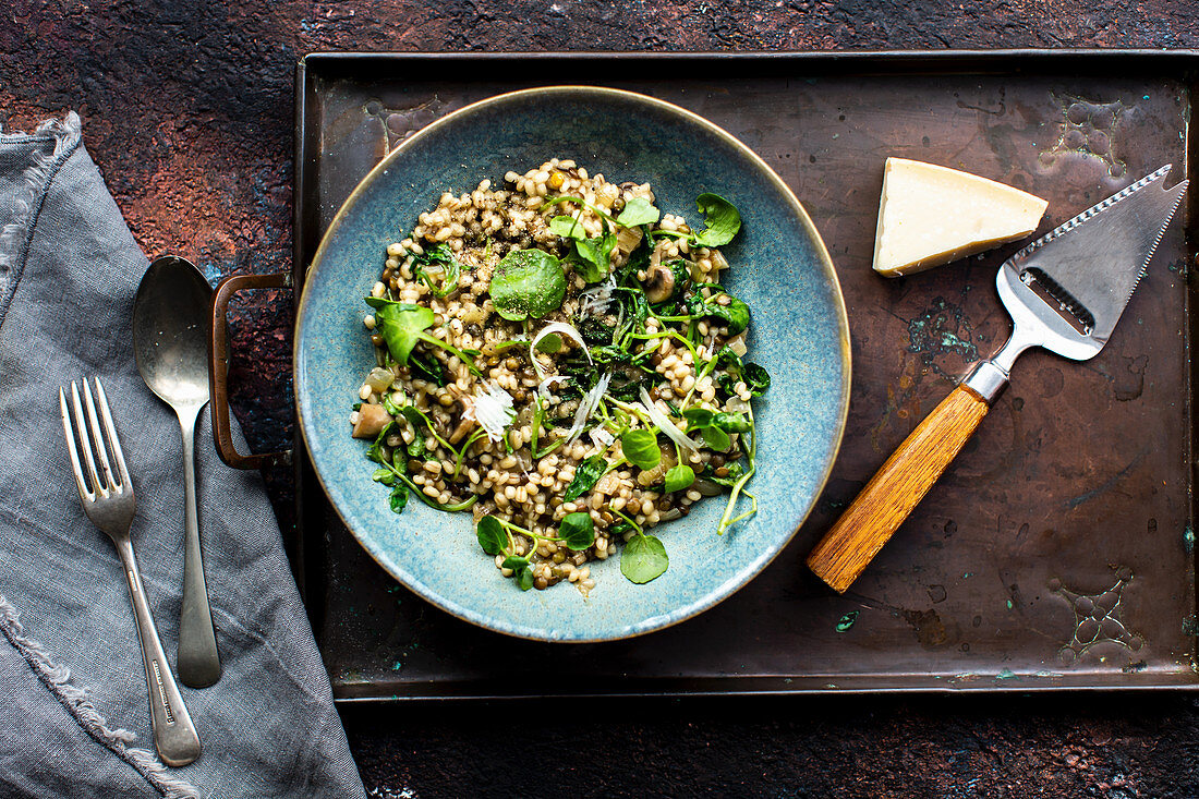 Barley risotto with puy lentils and watercress