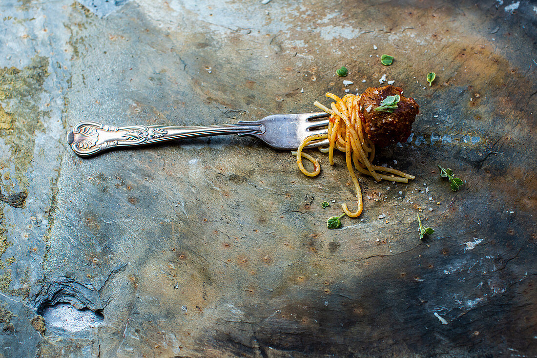 Fork with spaghetti and meatball