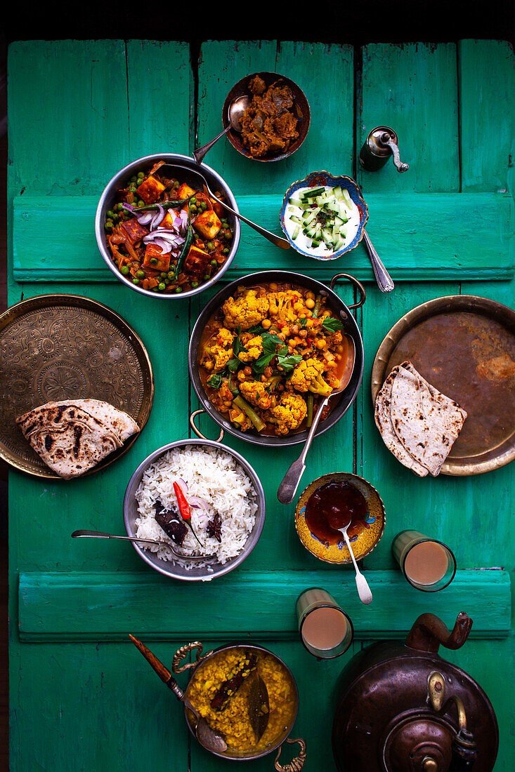 Indian food with dahl, vegetarian curries and chapati