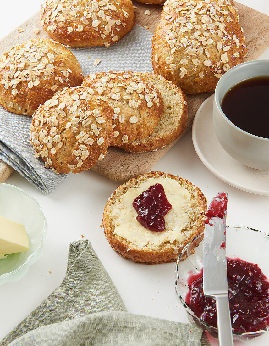 Homemade oat rolls with jam