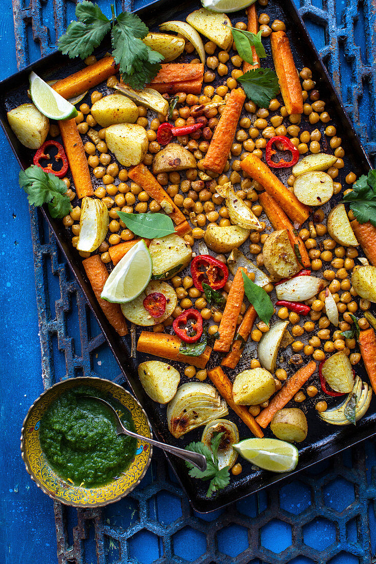 Roast potatoes with carrots, lime, coriander