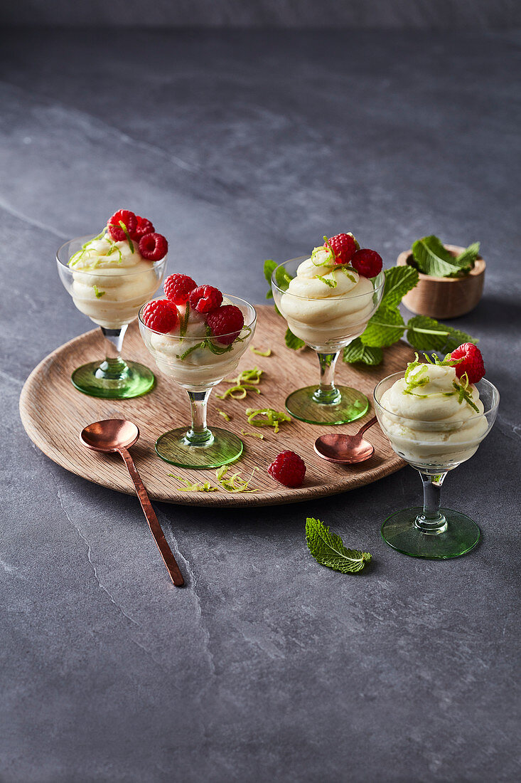 Lime possets with raspberries