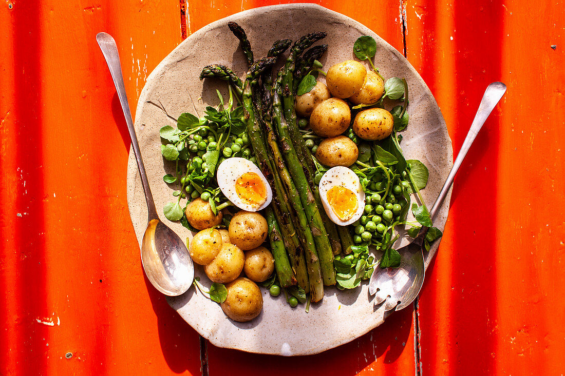 Green asparagus with peas, potatoes and boiled eggs