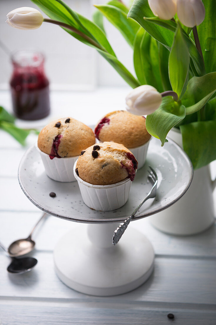 Vegan muffins with sweet cherry jam and chocolate chips