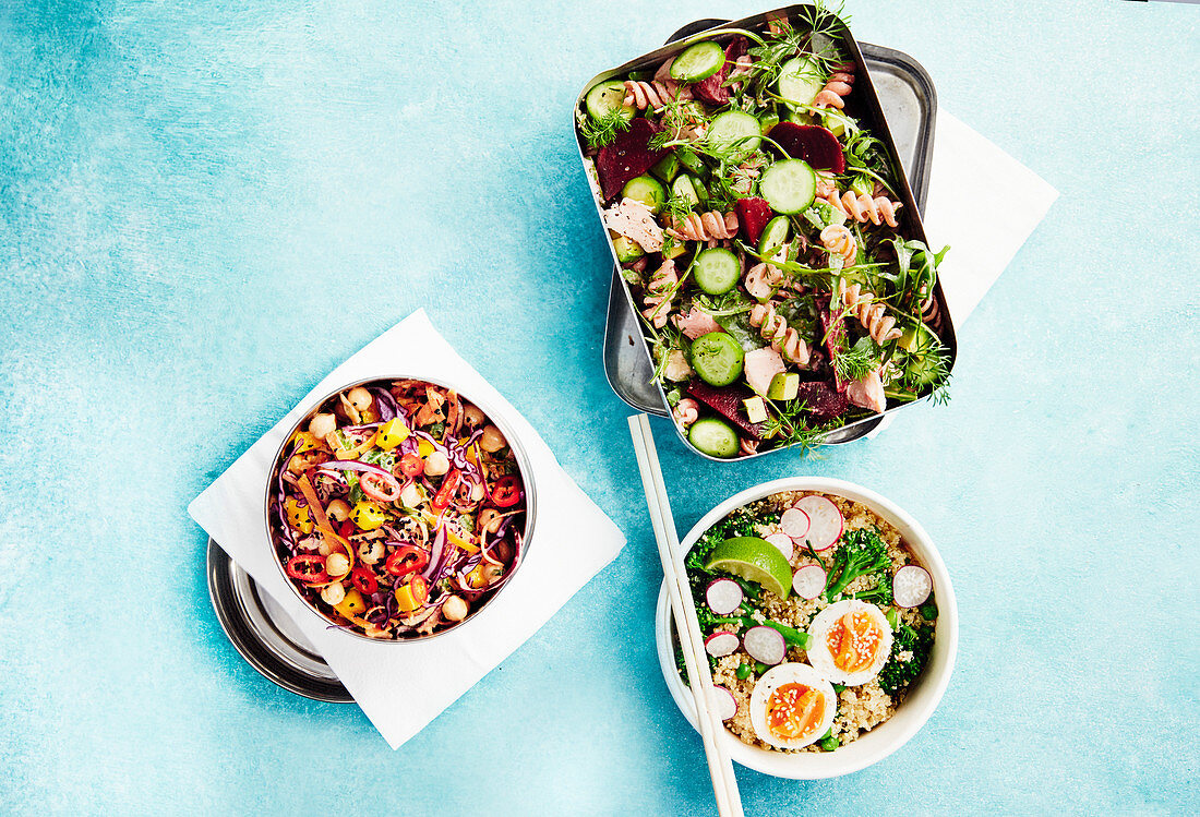 Speedy salads - Curried mango and chickpea pot, Scandi beetroot and salmon pasta, Miso broccoli, egg and quinoa salad