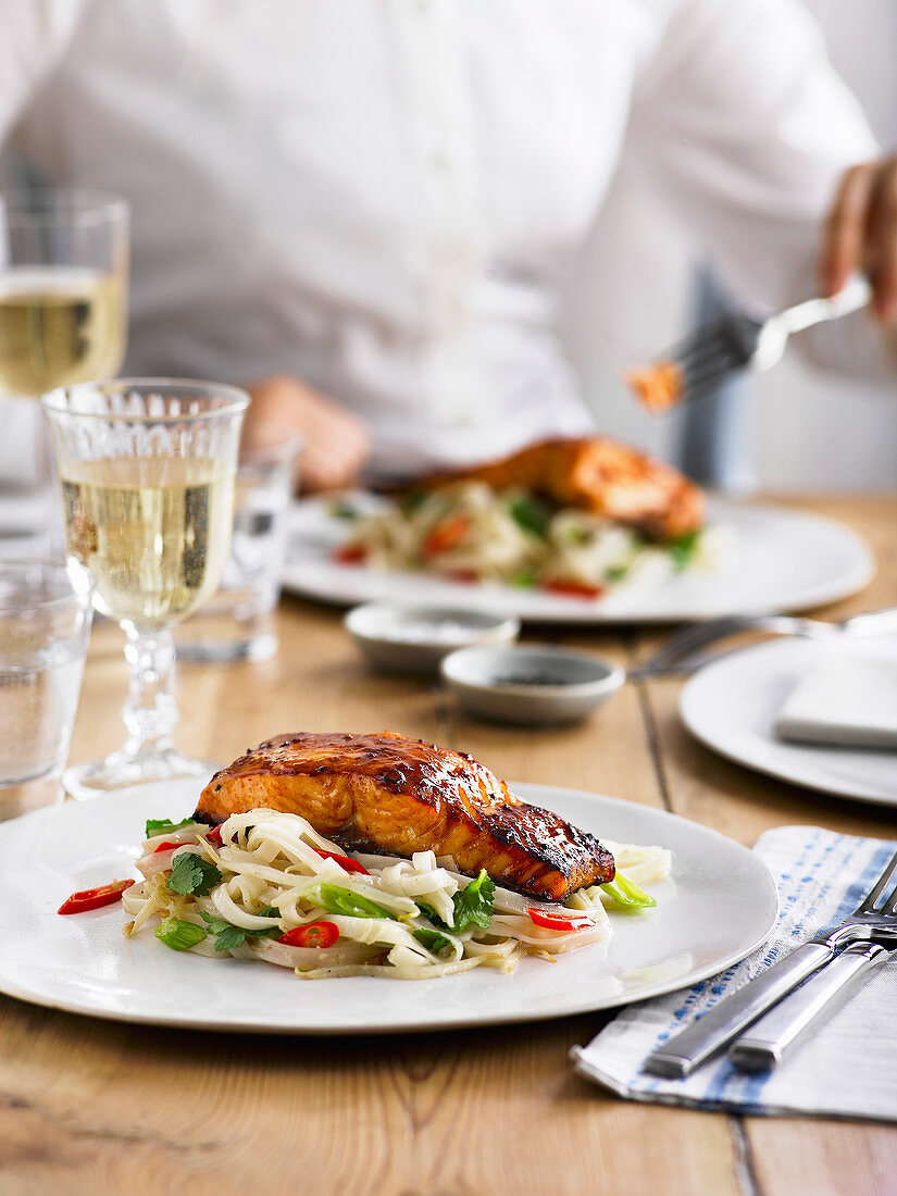 Grilled miso salmon with rice noodles