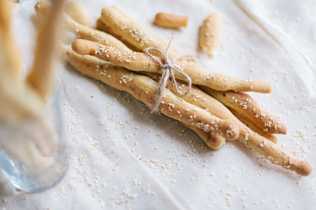 Homemade grissini with sesame seeds