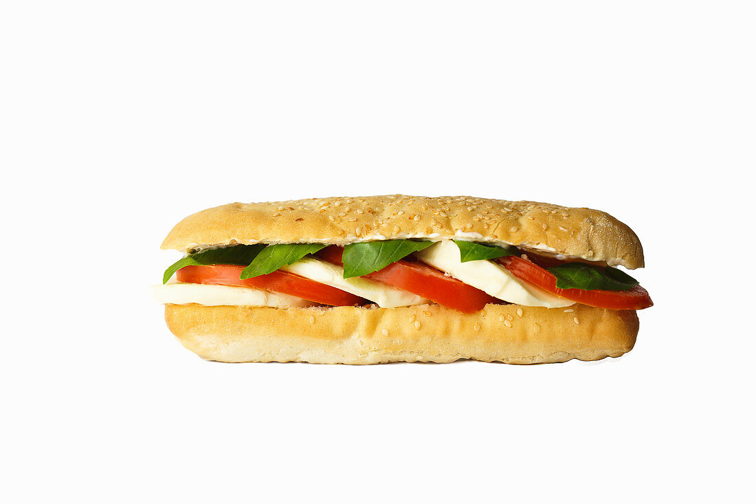 Caprese-Sandwich vor weißem Hintergrund