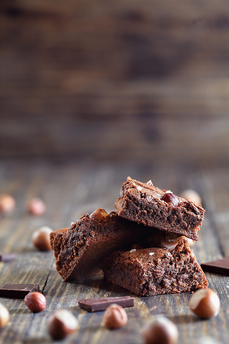 Homemade brownie squares made with chocolate cream and hazelnuts